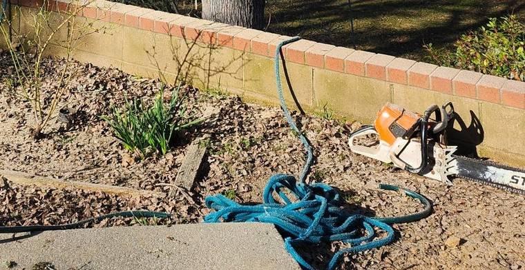 Stihl chainsaw and coiled climbing rope on a job site in Lake County, CA